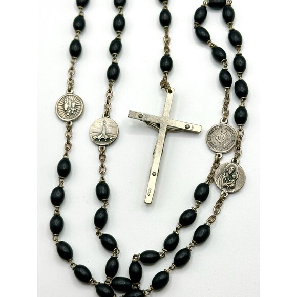 Italy Black Beaded Silvertone Rosary 25.5” - Picture 4 of 7